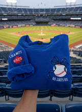 Load image into Gallery viewer, Blue bow baseball embroidered sweater - Go Jays Go (READY TO SHIP OR PICK-UP)