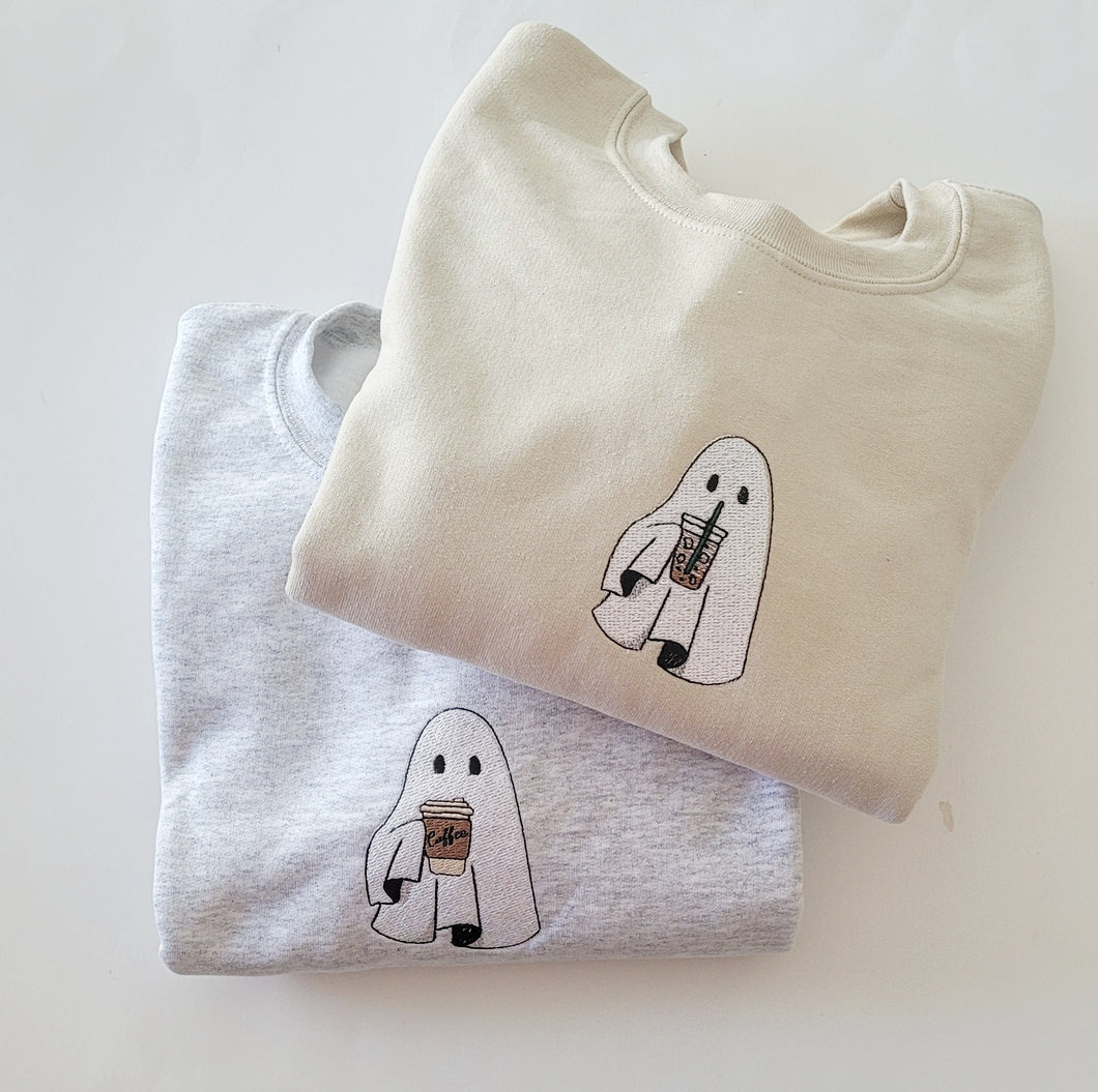 Cute Coffee Boo Crewneck - Embroidered Sweatshirt