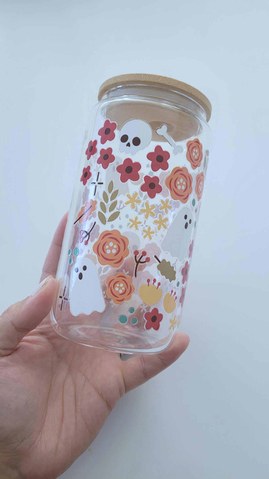 Fall Ghost Floral 16oz Glass Cup
