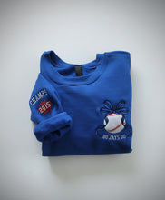 Load image into Gallery viewer, Blue bow baseball embroidered sweater - Go Jays Go (READY TO SHIP OR PICK-UP)
