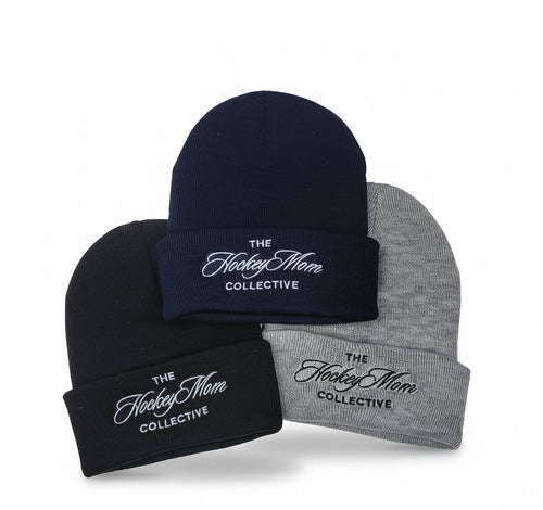 Three beanies in black, navy, and gray with 'The Hockey Mom Collective' logo on a white background.