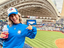 Load image into Gallery viewer, Blue bow baseball embroidered sweater - Go Jays Go (READY TO SHIP OR PICK-UP)
